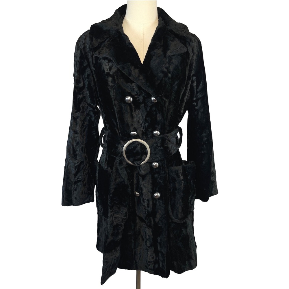 VTG Glenbrooke Faux Fur Velvet Trench Coat Belted 12 Black Glam Rock 70s Gothic
